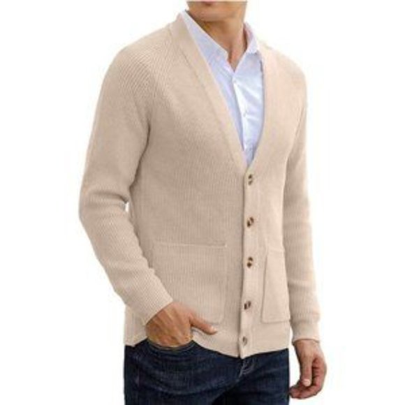 New Men's Cardigan Sweater Soft Cable Knit Beige - Picture 2 of 8